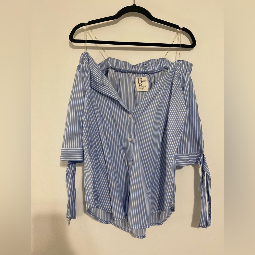 Blue and white striped top that can also be worn off the shoulder
